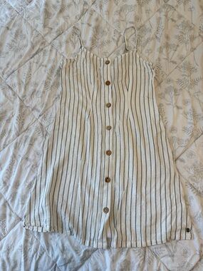 Roxy White Dress with Navy Stripe Button-Front